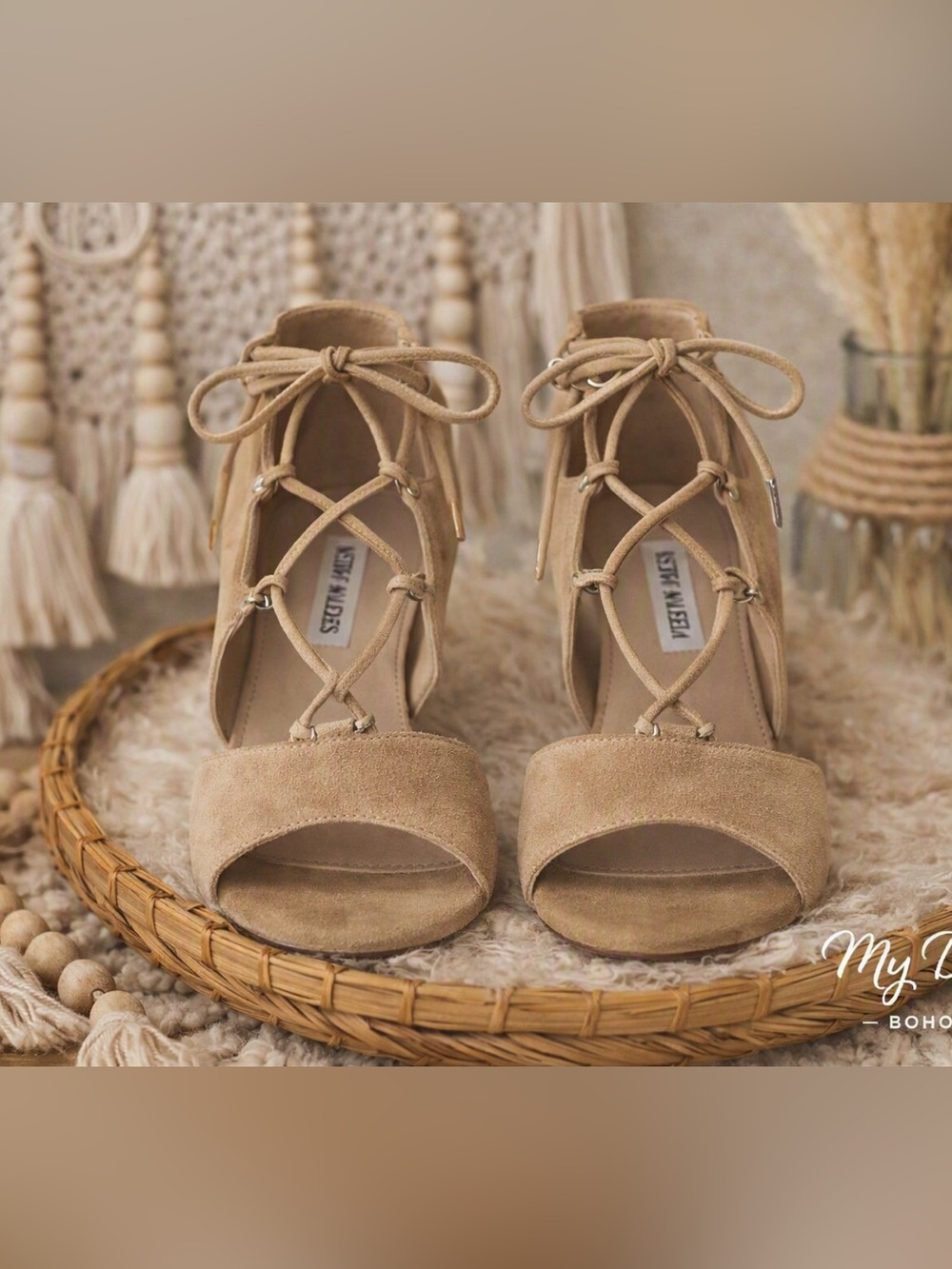 Steve Madden Tan Suede Lace-Up Open Toe Heels